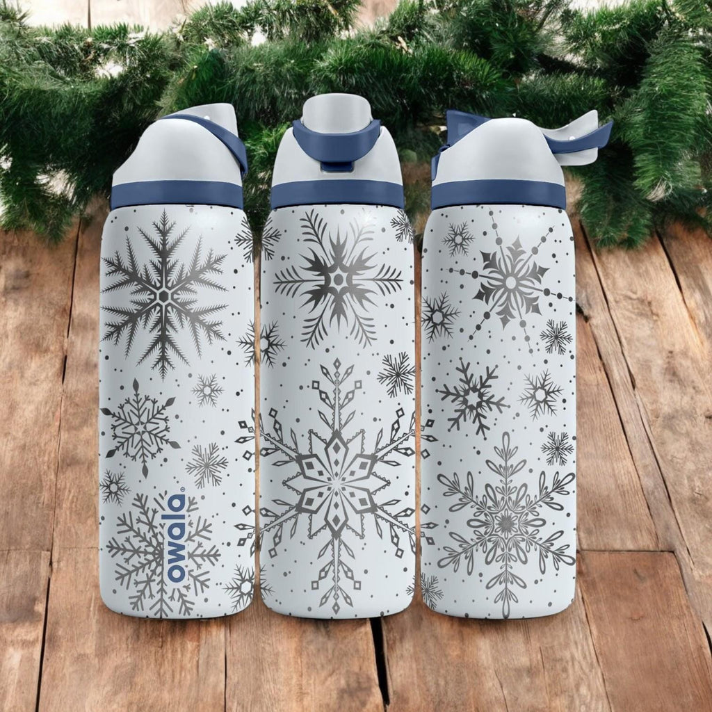 Snowflake Engraved Owala Bottle – Elegant Winter Pattern – Christmas Gift Stainless Cup 16oz 24oz 32oz 40oz