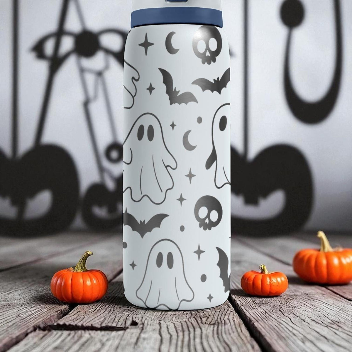 Ghost Owala Bottle – Engraved Halloween Wrap Design – Stainless Steel Cup 16oz 24oz 32oz 40oz