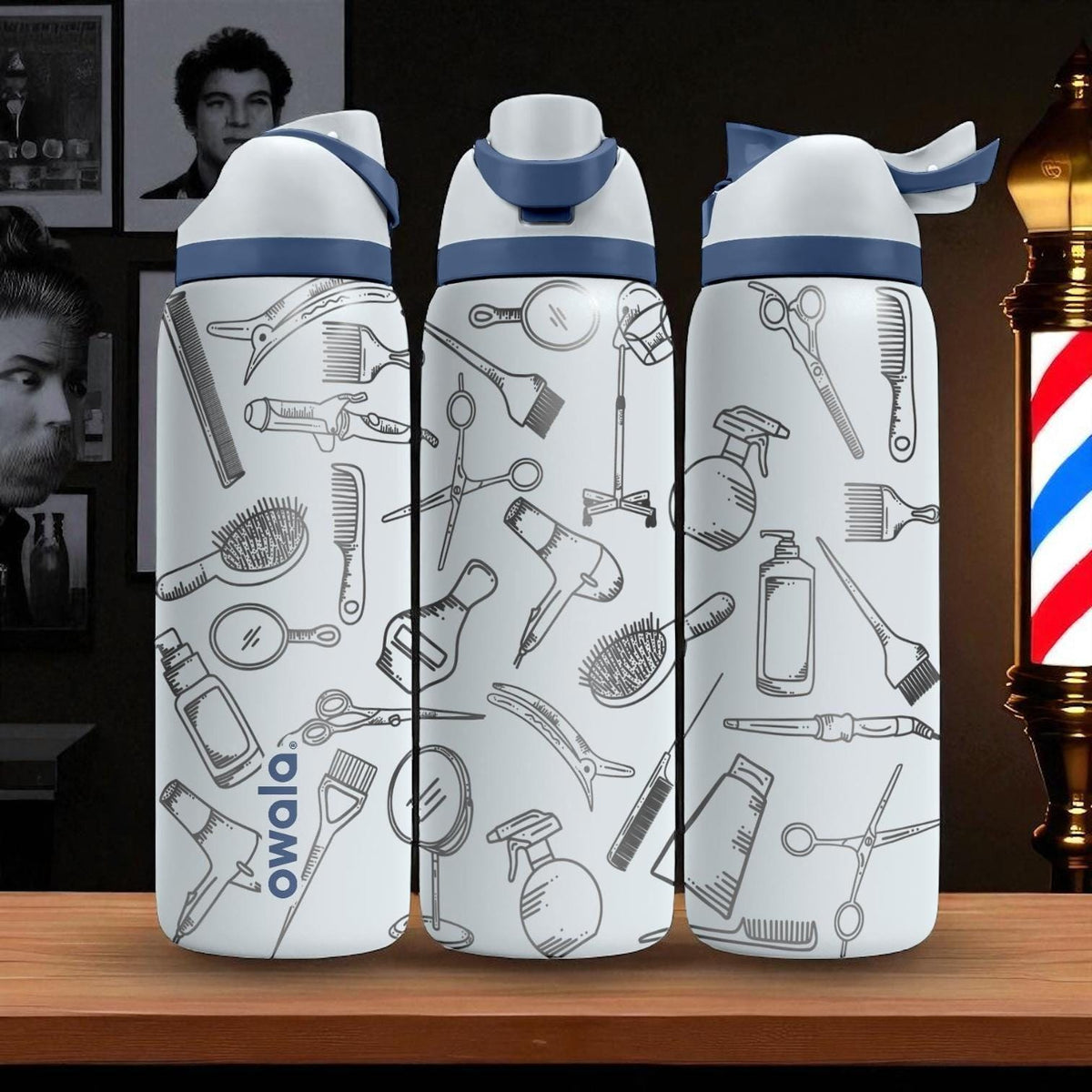 Barber Theme Engraved Tumbler – 16oz 24oz 32oz 40oz – Hair Stylist Gift Bottle – Owala Cup with Scissors, Brushes and Clippers