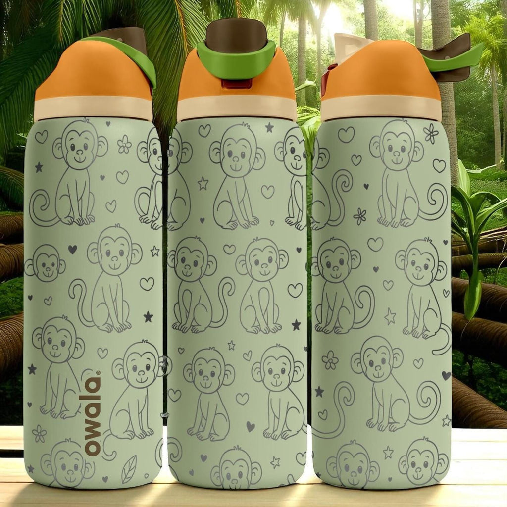 Engraved Monkey Water Bottle – Cute Owala Tumbler with Jungle Vibes and Hearts – 16oz 24oz 32oz 40oz Gift for Kids and Animal Lovers