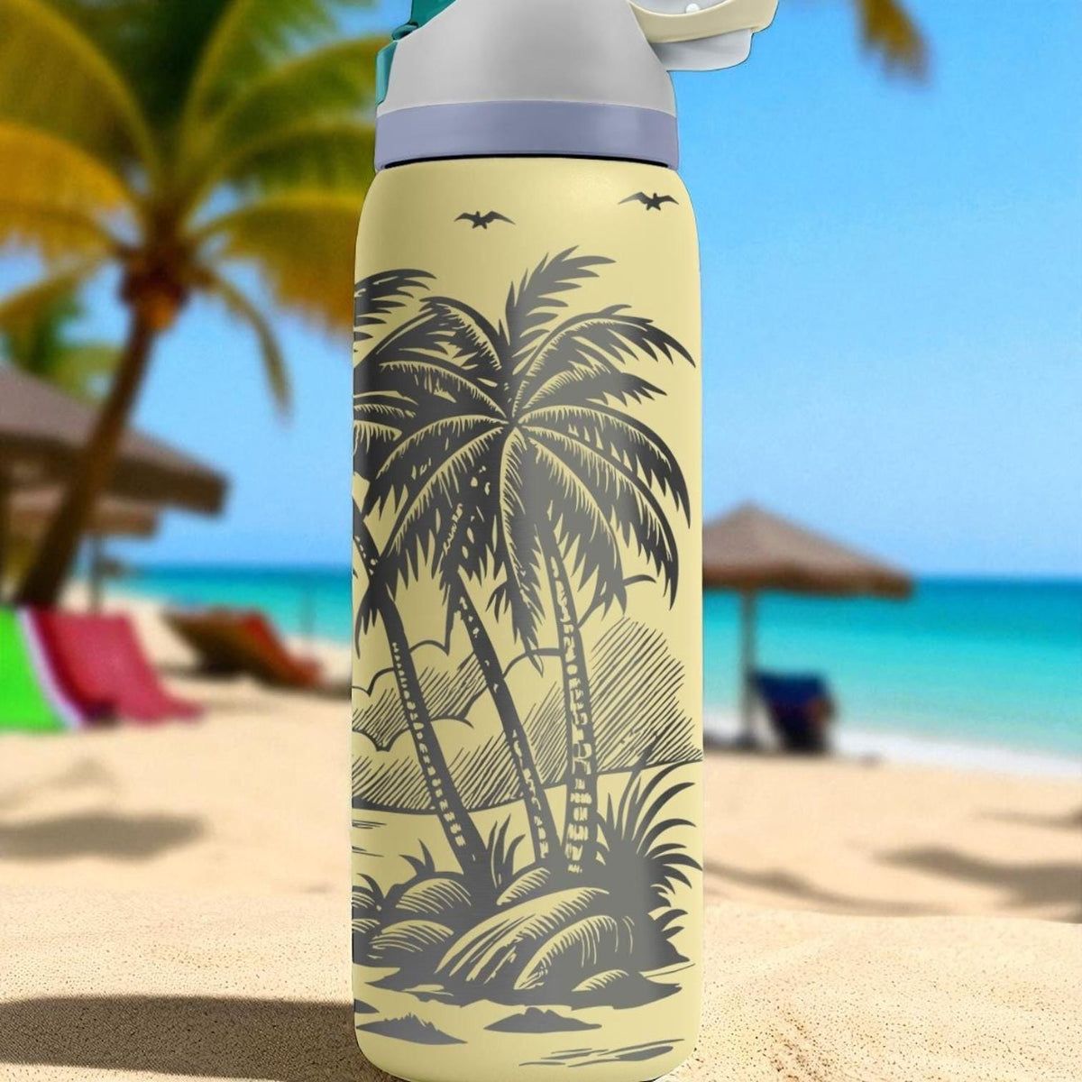 Tropical Island Engraved Owala Tumbler – Palm Trees Sunset Beach Scene – Summer Gift – 40oz 32oz 24oz Bottle