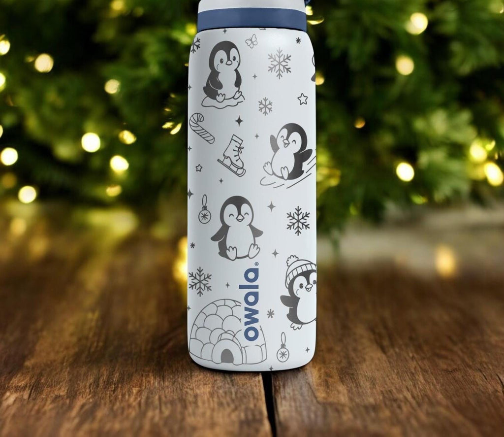 Cute Penguins Engraved Owala Bottle – Winter Wonderland Ice Skating Design – Christmas Gift Stainless Cup 16oz 24oz 32oz 40oz