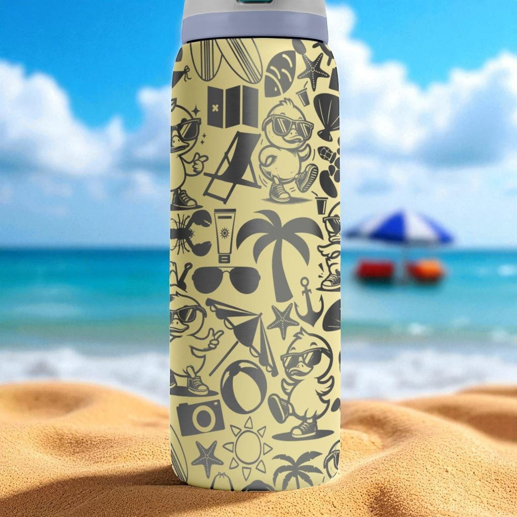 Engraved Duck Beach Tumbler – Summer Vibes Owala Bottle with Cute Duck Design – Fun Sand Color Cup – 16oz 24oz 32oz 40oz