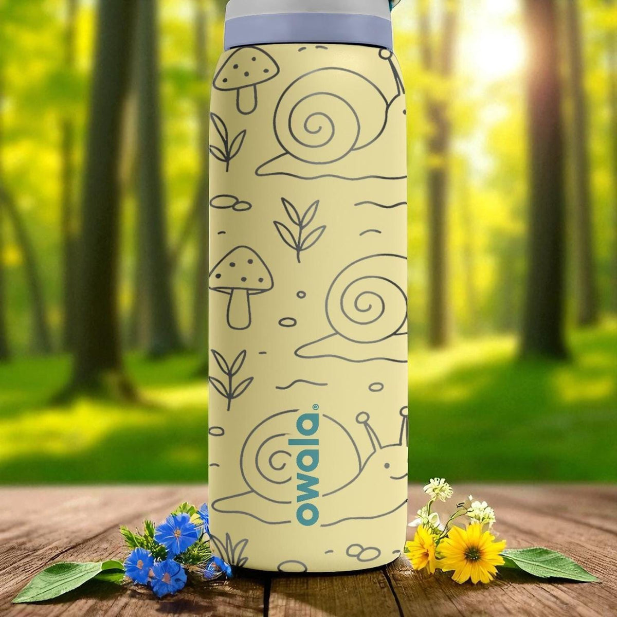Engraved Snail Owala Bottle – Cute Nature Forest Tumbler with Mushrooms and Plants – 16oz 24oz 32oz 40oz