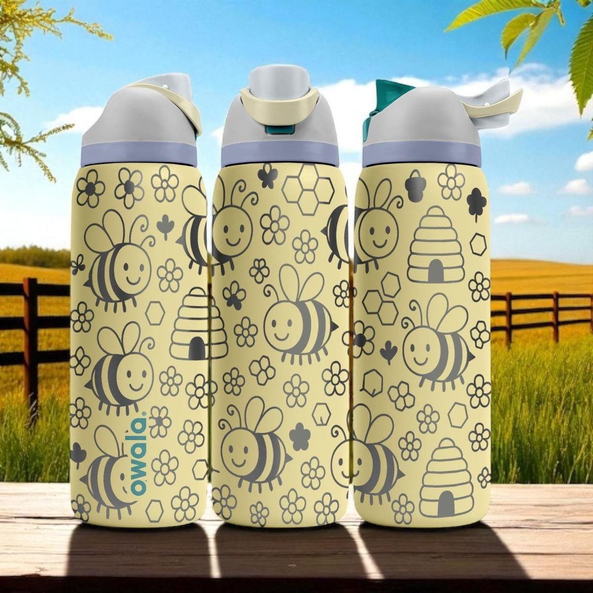 Cute Smiling Bee Owala Bottle – Engraved Yellow Honeybee and Hive Water Bottle – Adorable Gift for Kids and Bee Lovers 16oz 24oz 32oz 40oz