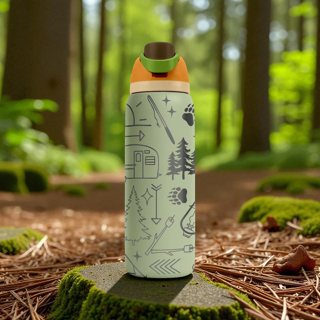 Camping Trailer Engraved Owala Bottle – Forest Trees, Backpack & Adventure Icons – Outdoor Camper Gift Stainless Cup 16oz 24oz 32oz 40oz  ⸻