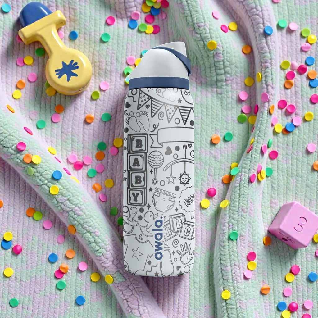 Baby Shower Engraved Owala Bottle – Cute Baby Icons & Nursery Pattern – New Mom Gift Stainless Cup 16oz 24oz 32oz 40oz  ⸻