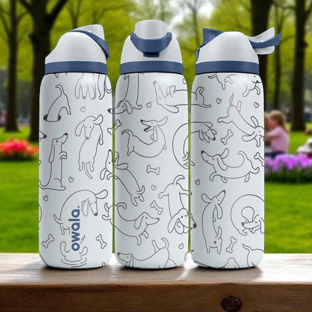 Cute Dachshund Owala Bottle – 16oz 24oz 32oz 40oz Engraved Sausage Dog Tumbler – White Pup Gift for Dog Lovers