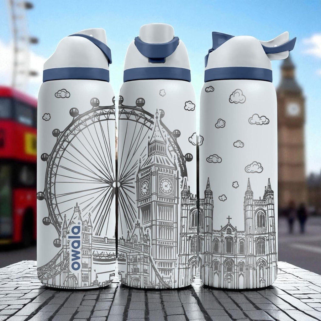Engraved London Tumbler – Owala Water Bottle with Big Ben and Eye Design – British Landmark Cup – 16oz 24oz 32oz 40oz