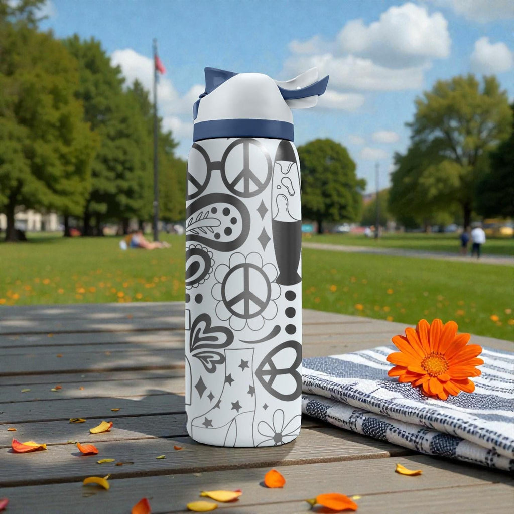 Groovy Peace Sign Engraved Owala Bottle – Retro Flowers & Hippie Vibes – Boho Engraved Stainless Cup 16oz 24oz 32oz 40oz  ⸻