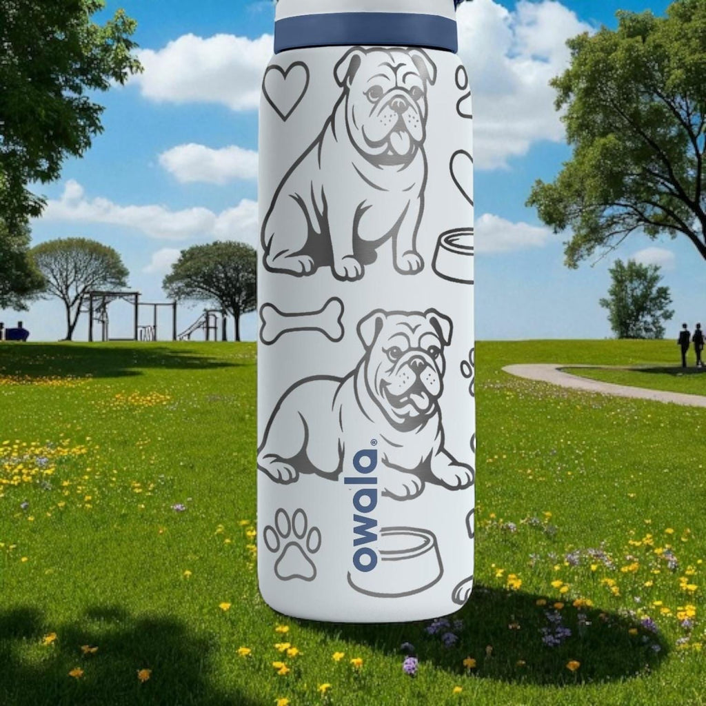 English Bulldog Engraved Owala Bottle – Cute Dog Gift with Bones and Paws – 16oz 24oz 32oz 40oz Water Bottle for Pet Lovers