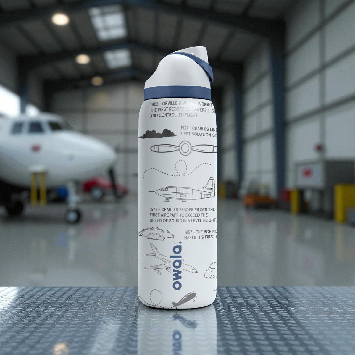 Aviation History Engraved Owala Bottle – Airplane Timeline Design – Pilot Gift Stainless Cup 16oz 24oz 32oz 40oz  ⸻
