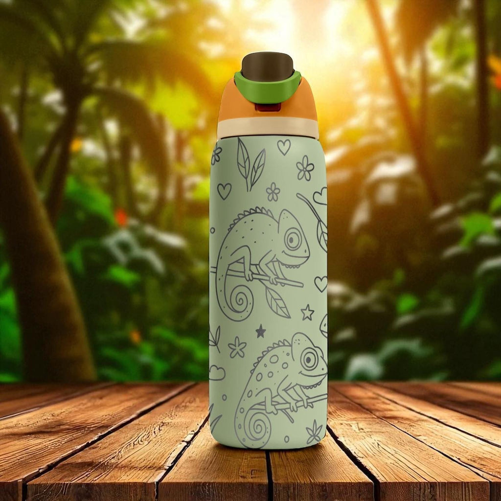 Engraved Chameleon Water Bottle – Owala Tumbler with Jungle Reptile Design – 16oz 24oz 32oz 40oz Gift for Nature and Lizard Lovers