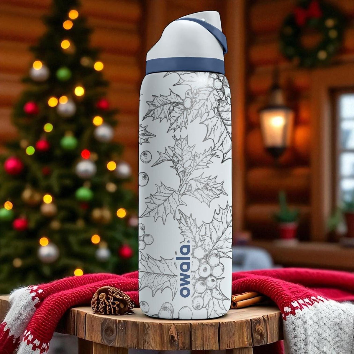 Holly Leaves Engraved Owala Tumbler – Christmas Winter Gift 40oz 32oz 24oz – Holiday Berries Laser Etched Cup