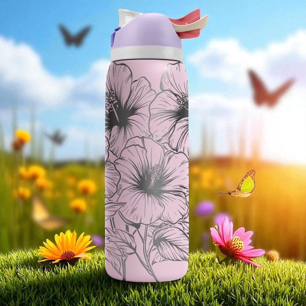 Hibiscus Flower Owala Tumbler – 16oz 24oz 32oz 40oz Engraved FreeSip Bottle – Pink Floral Gift for Her