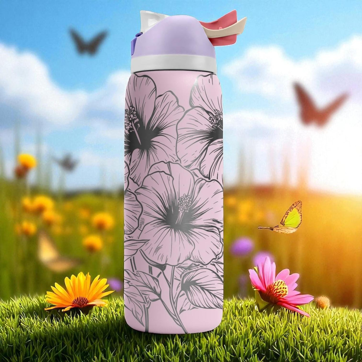 Hibiscus Flower Owala Tumbler – 16oz 24oz 32oz 40oz Engraved FreeSip Bottle – Pink Floral Gift for Her