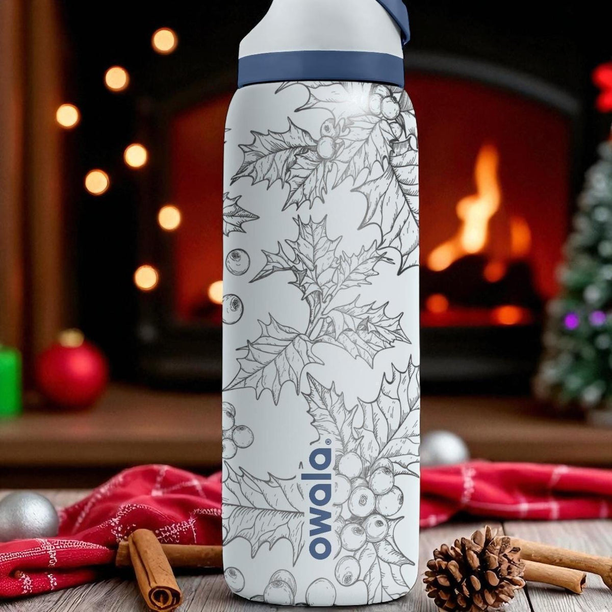 Holly Leaves Engraved Owala Tumbler – Christmas Winter Gift 40oz 32oz 24oz – Holiday Berries Laser Etched Cup