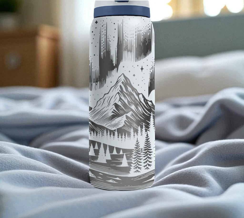 Northern Lights Owala Bottle – Engraved Mountain and Stars Wrap – Stainless Steel Cup 16oz 24oz 32oz 40oz