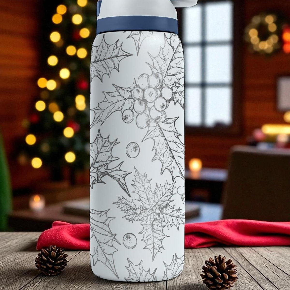 Holly Leaves Engraved Owala Tumbler – Christmas Winter Gift 40oz 32oz 24oz – Holiday Berries Laser Etched Cup