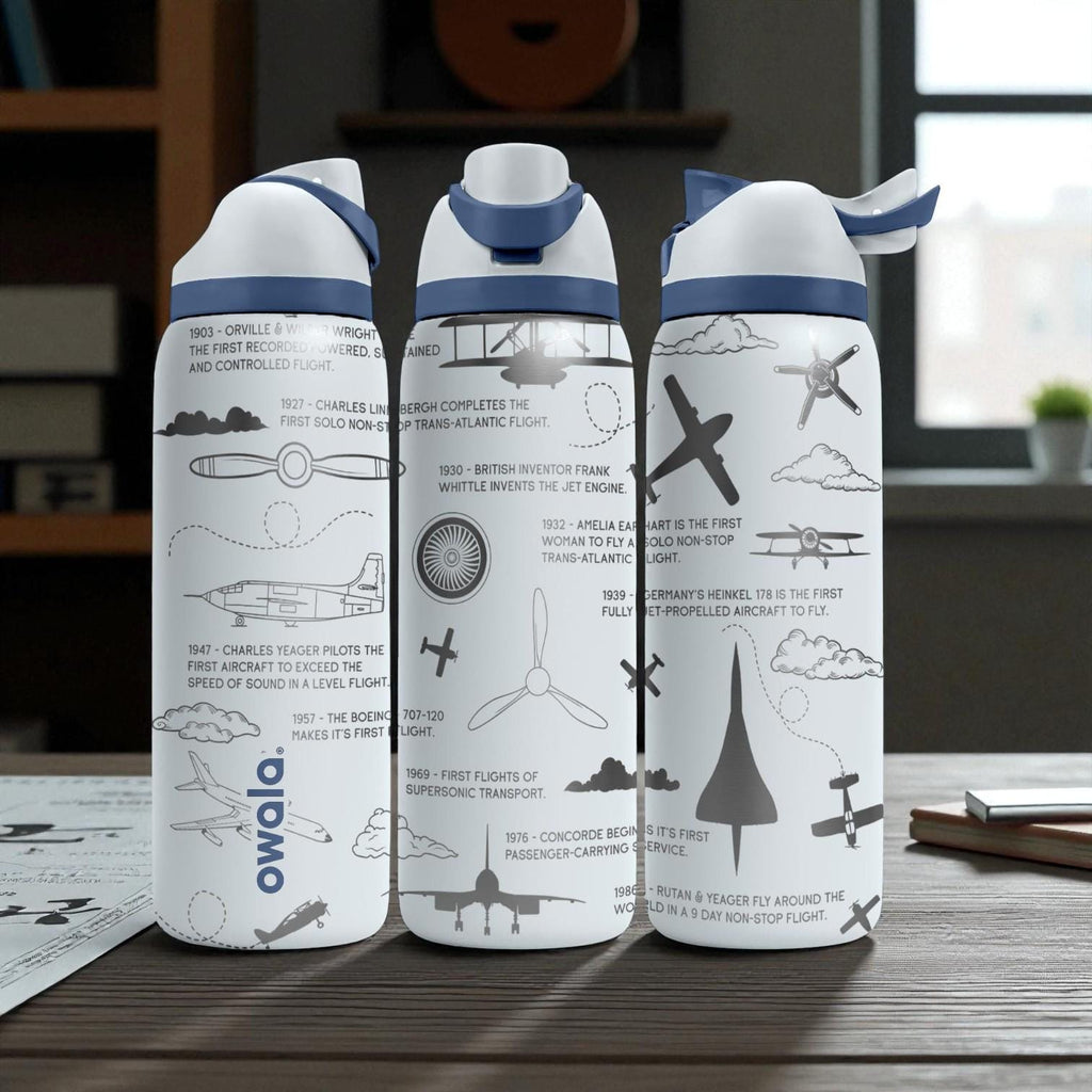 Aviation History Engraved Owala Bottle – Airplane Timeline Design – Pilot Gift Stainless Cup 16oz 24oz 32oz 40oz  ⸻