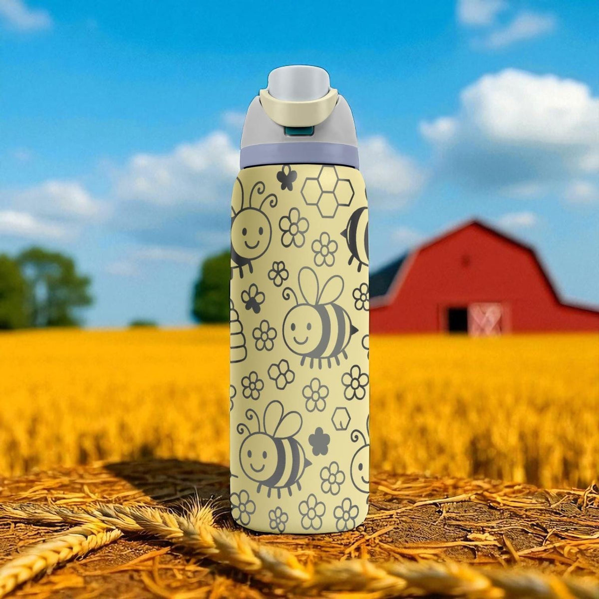 Cute Smiling Bee Owala Bottle – Engraved Yellow Honeybee and Hive Water Bottle – Adorable Gift for Kids and Bee Lovers 16oz 24oz 32oz 40oz