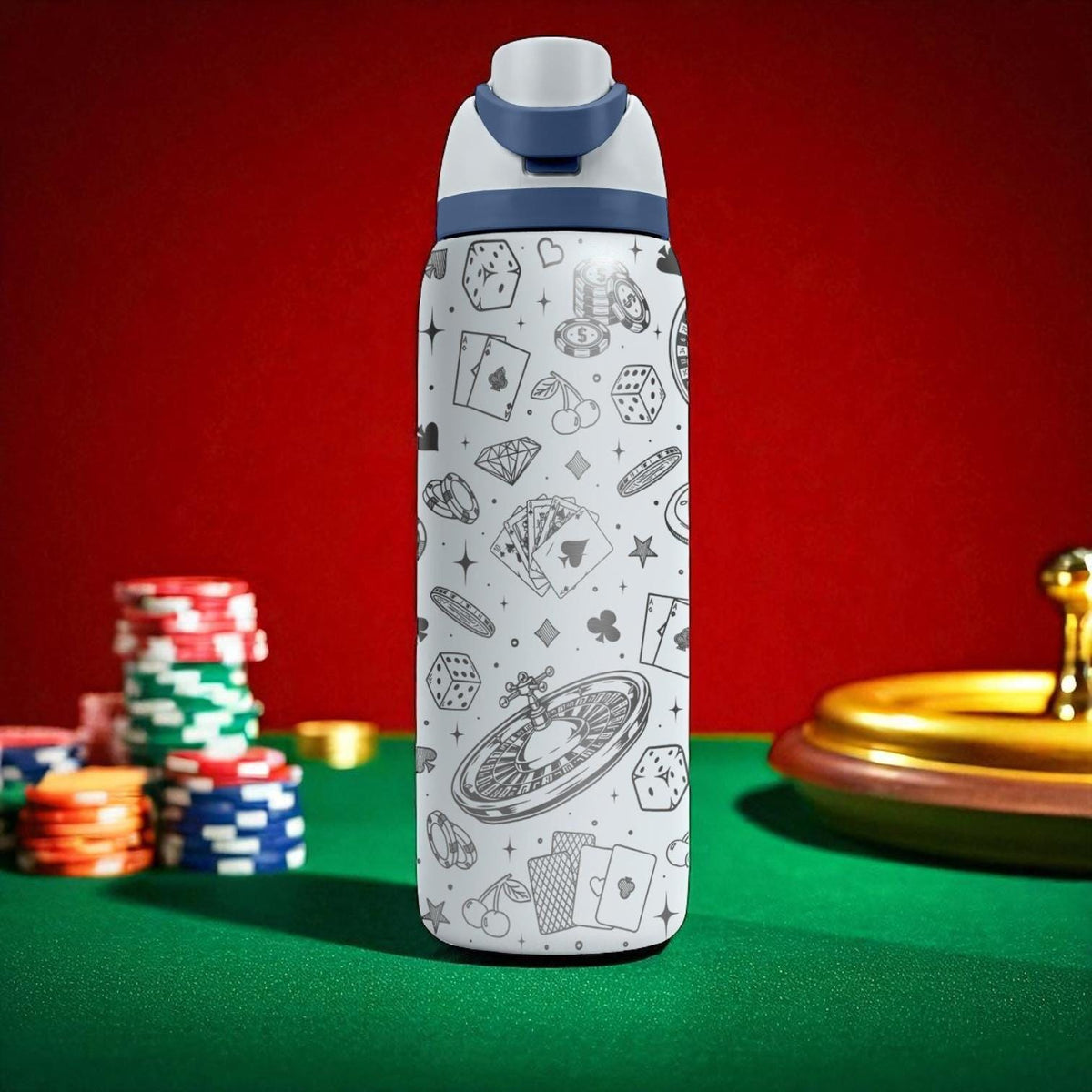 Casino Engraved Owala Tumbler – Poker Dice Roulette 40oz 32oz 24oz Water Bottle – Vegas Lover Gift for Him or Her