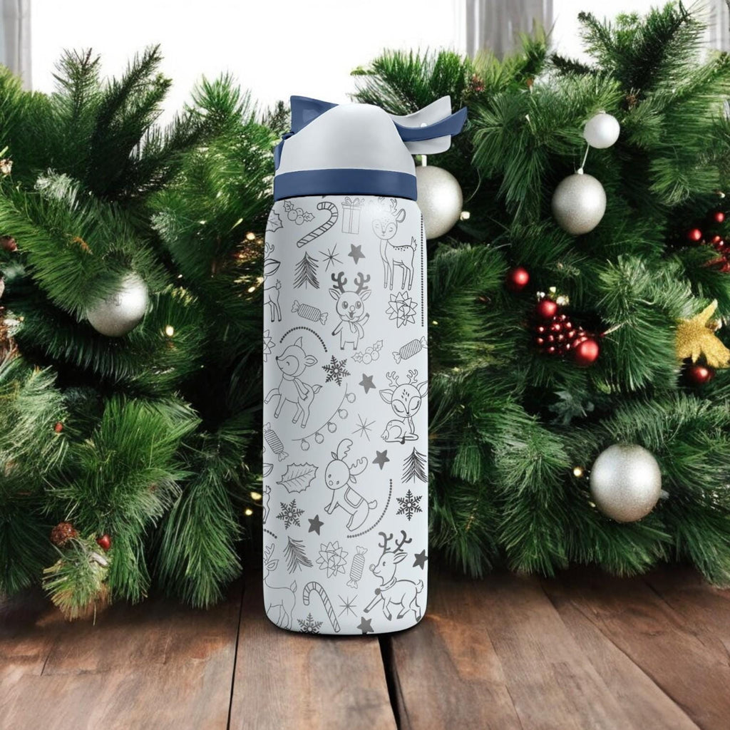 Cute Reindeer Engraved Owala Bottle – Adorable Holiday Pattern with Candy Canes and Gifts – Christmas Gift Stainless Cup 16oz 24oz 32oz 40oz