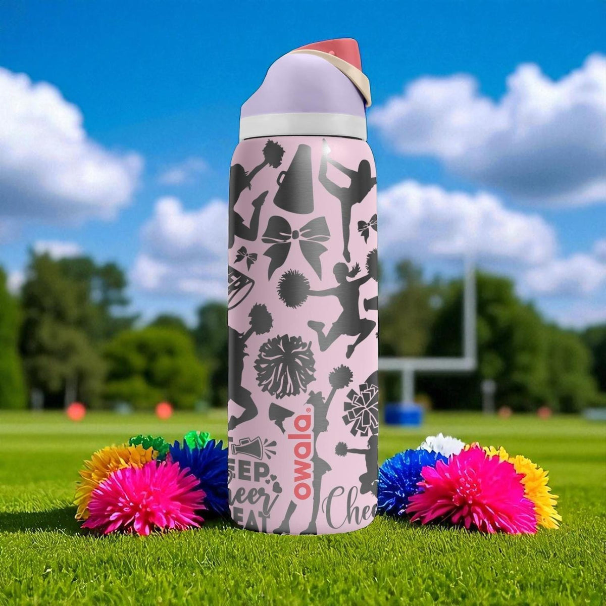 Cheerleader Engraved Owala Bottle – 16oz 24oz 32oz 40oz Pink Pom Pom Tumbler – Cheer Team Personalized Gift