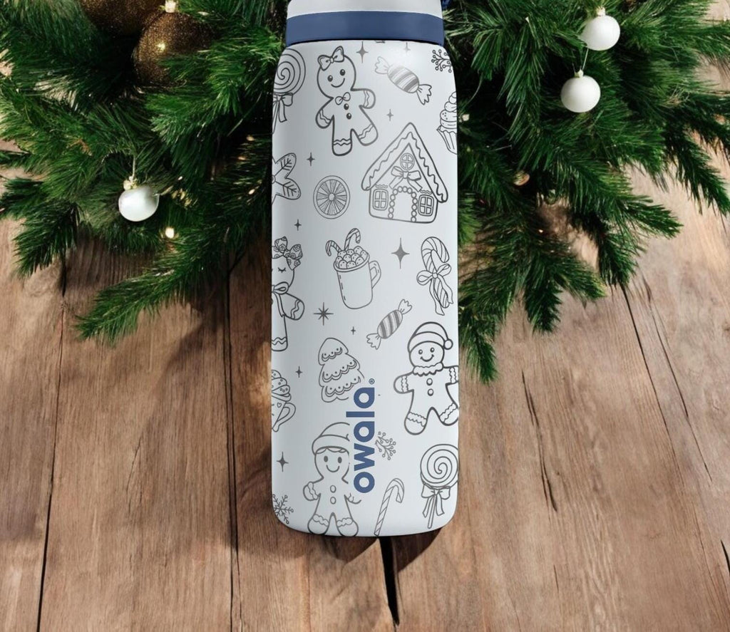 Gingerbread Man Engraved Owala Bottle – Holiday Cookie and Candy Pattern – Christmas Gift Stainless Cup 16oz 24oz 32oz 40oz
