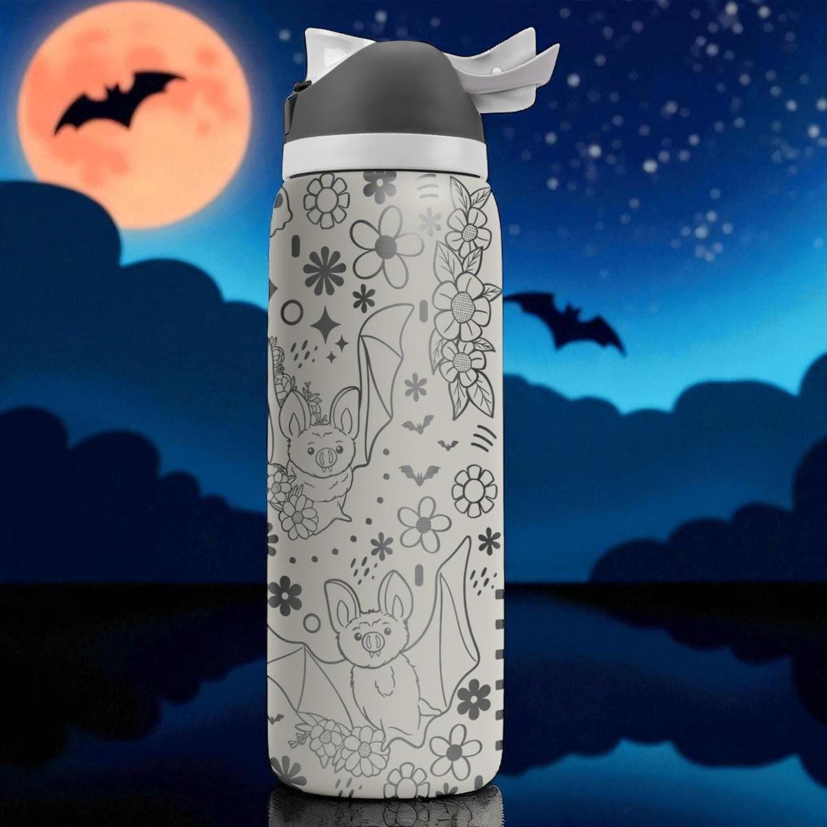 Engraved Bat Owala Bottle – Cute Moon and Floral Bat Design Tumbler – 16oz 24oz 32oz 40oz Water Bottle Gift