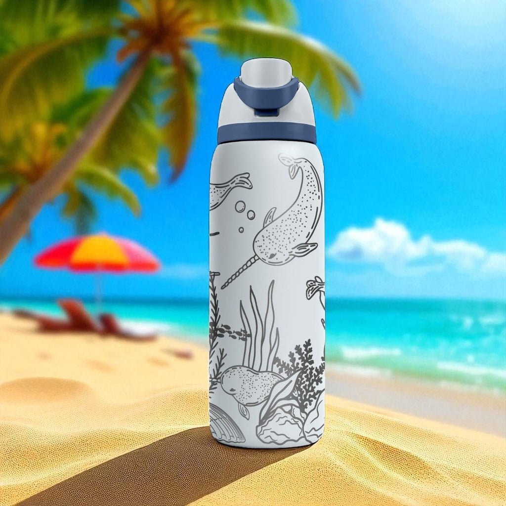 Narwhal Owala Bottle – 16oz 24oz 32oz 40oz Engraved Ocean Animal Water Bottle – Arctic Sea Life Cup – Gift for Kids and Ocean Lovers