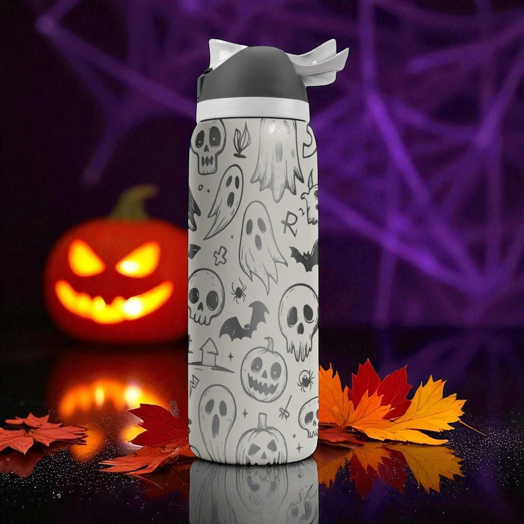 Engraved Halloween Tumbler – Owala Bottle with Ghosts, Bats and Skulls – Spooky Fall Water Bottle – 16oz 24oz 32oz 40oz