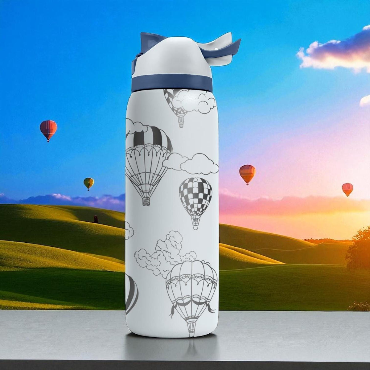 Hot Air Balloon Engraved Owala Tumbler – 16oz 24oz 32oz 40oz FreeSip Cup with Sky and Clouds – Adventure Gift for Her or Him