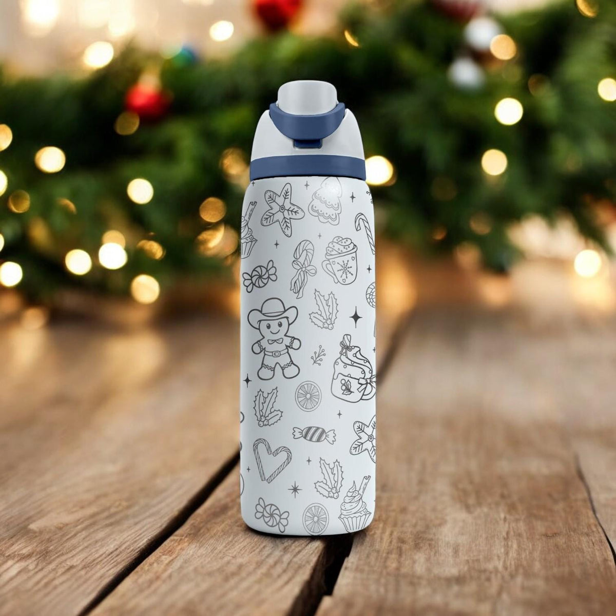 Gingerbread Man Engraved Owala Bottle – Holiday Cookie and Candy Pattern – Christmas Gift Stainless Cup 16oz 24oz 32oz 40oz