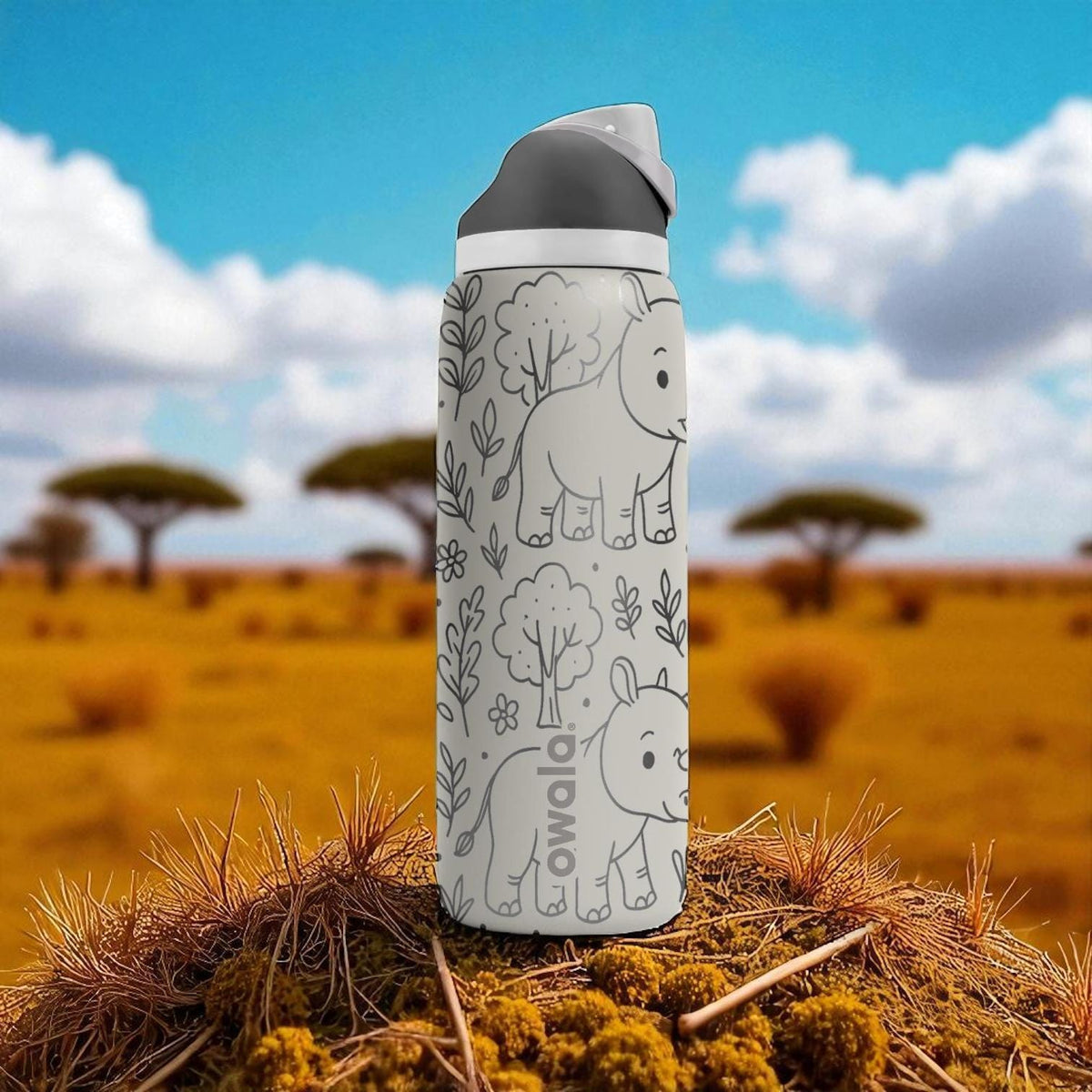 Cute Rhino Owala Bottle – 16oz 24oz 32oz 40oz Engraved Safari Cup – Jungle Animal Gift – Wildlife Tumbler for Kids Boys Girls