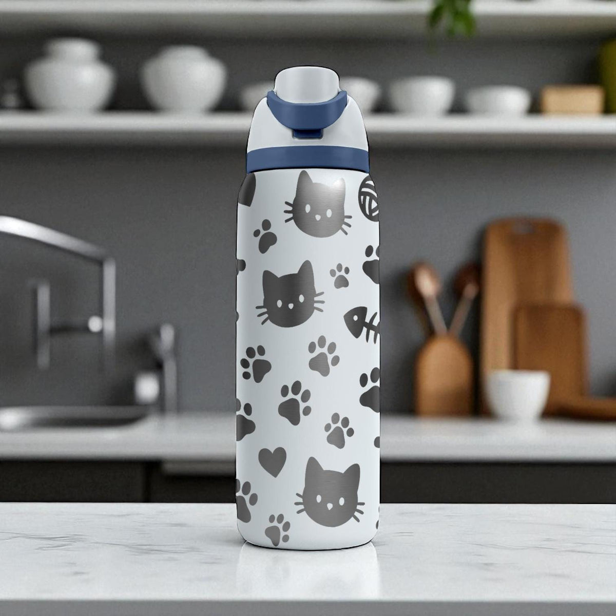 Cat Lover Owala Bottle – Engraved Cute Kitty and Paw Print Water Bottle – Gift for Pet Owners and Cat Moms 16oz 24oz 32oz 40oz