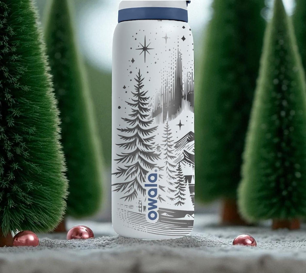 Northern Lights Owala Bottle – Engraved Mountain and Stars Wrap – Stainless Steel Cup 16oz 24oz 32oz 40oz