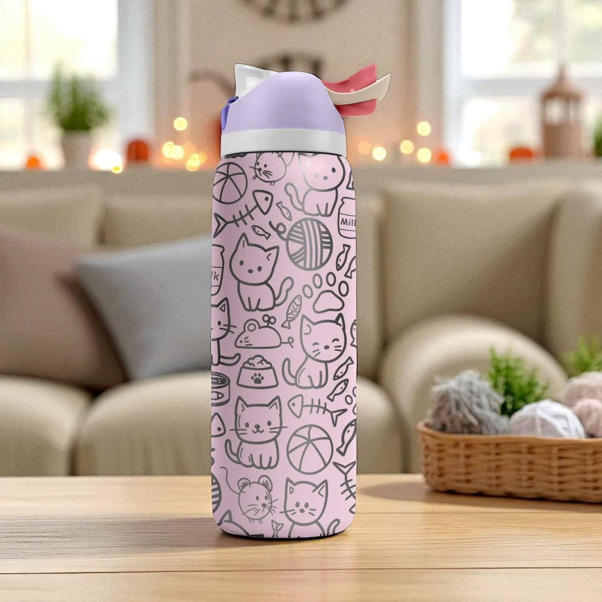Engraved Cat Tumbler – Cute Pink Owala Bottle with Kawaii Kitty Design – Laser Engraved Cup for Cat Lovers – 16oz 24oz 32oz 40oz