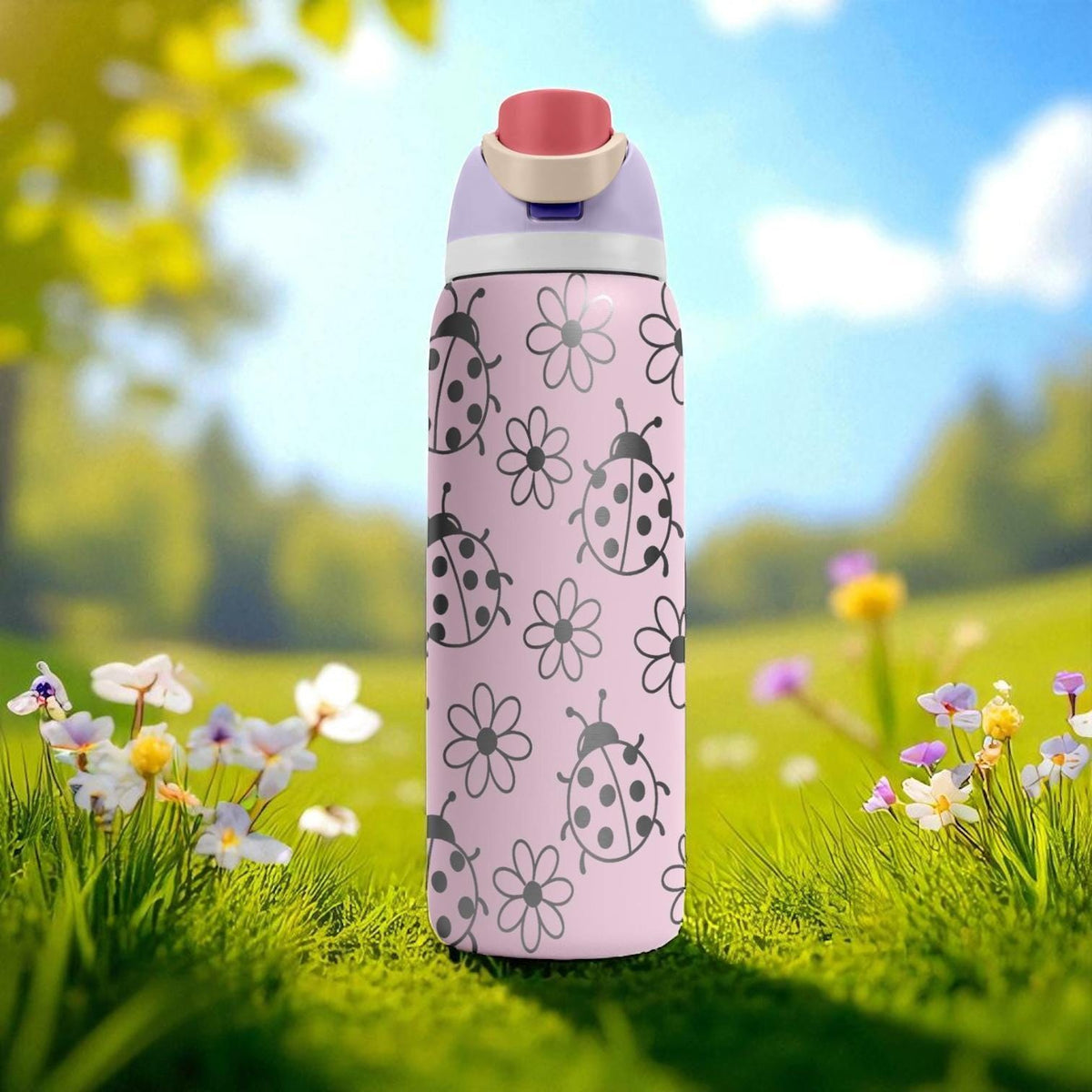 Engraved Ladybug Tumbler – Pink Owala Water Bottle with Flowers and Ladybugs – Cute Summer Cup – 16oz 24oz 32oz 40oz