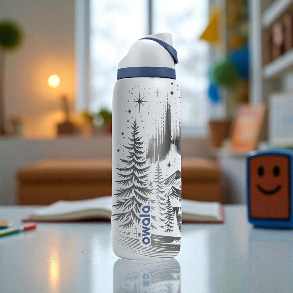 Northern Lights Owala Bottle – Engraved Mountain and Stars Wrap – Stainless Steel Cup 16oz 24oz 32oz 40oz