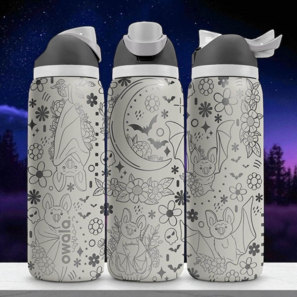 Engraved Bat Owala Bottle – Cute Moon and Floral Bat Design Tumbler – 16oz 24oz 32oz 40oz Water Bottle Gift