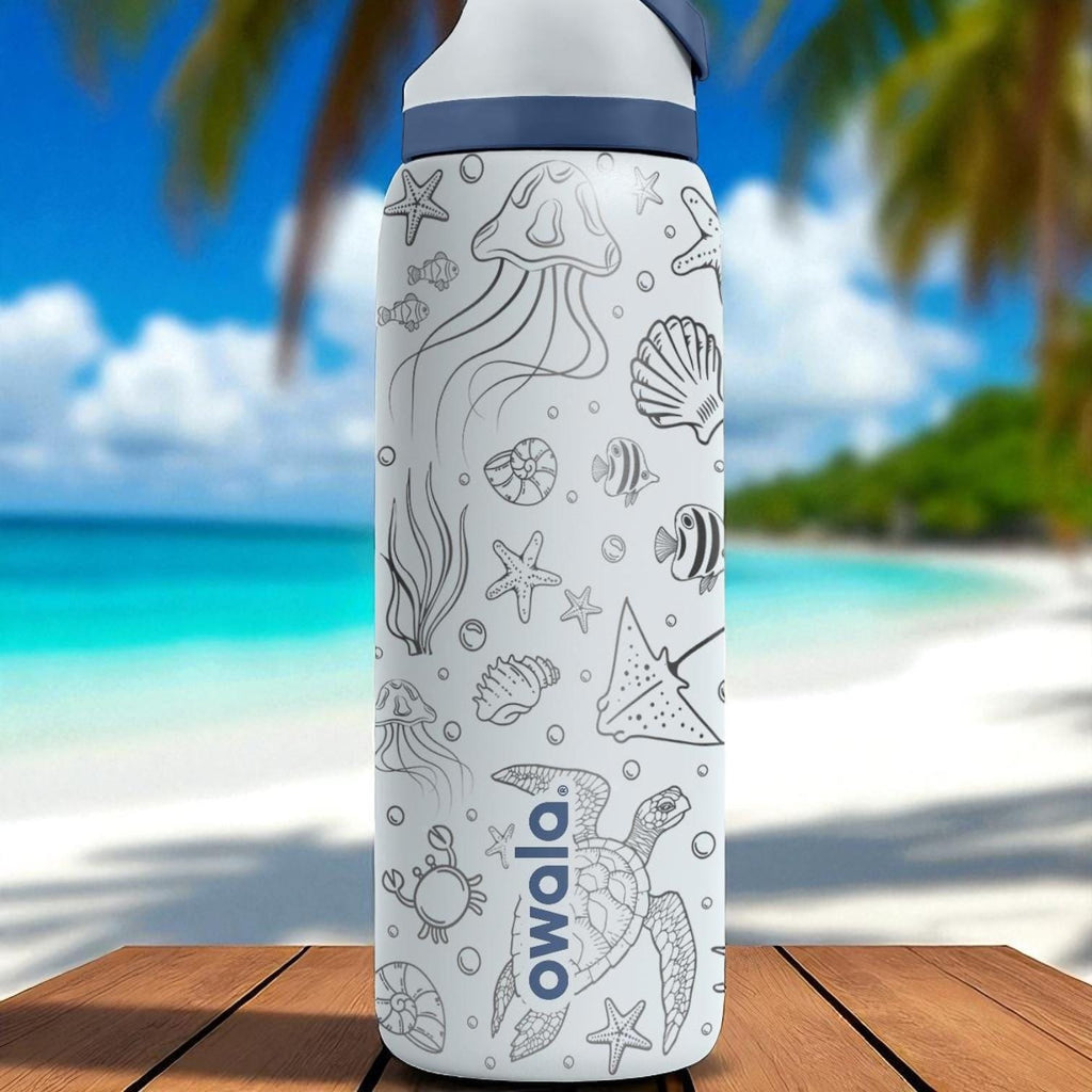 Ocean Creatures Engraved Owala Tumbler – Jellyfish, Turtle and Shells – Beach Gift Idea – 40oz 32oz 24oz Bottle