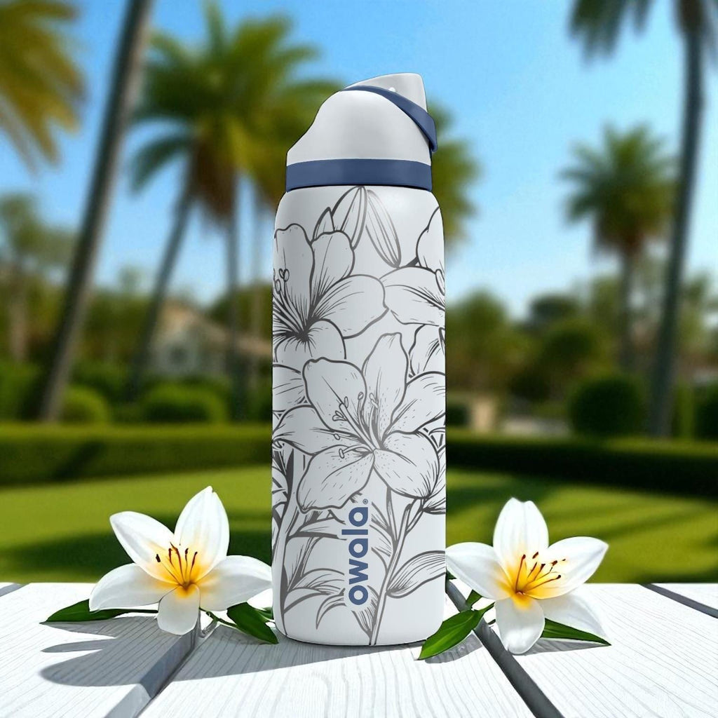 Engraved Lily Tumbler – Elegant Floral Owala Bottle – White Water Bottle with Laser Flower Design – 16oz 24oz 32oz 40oz