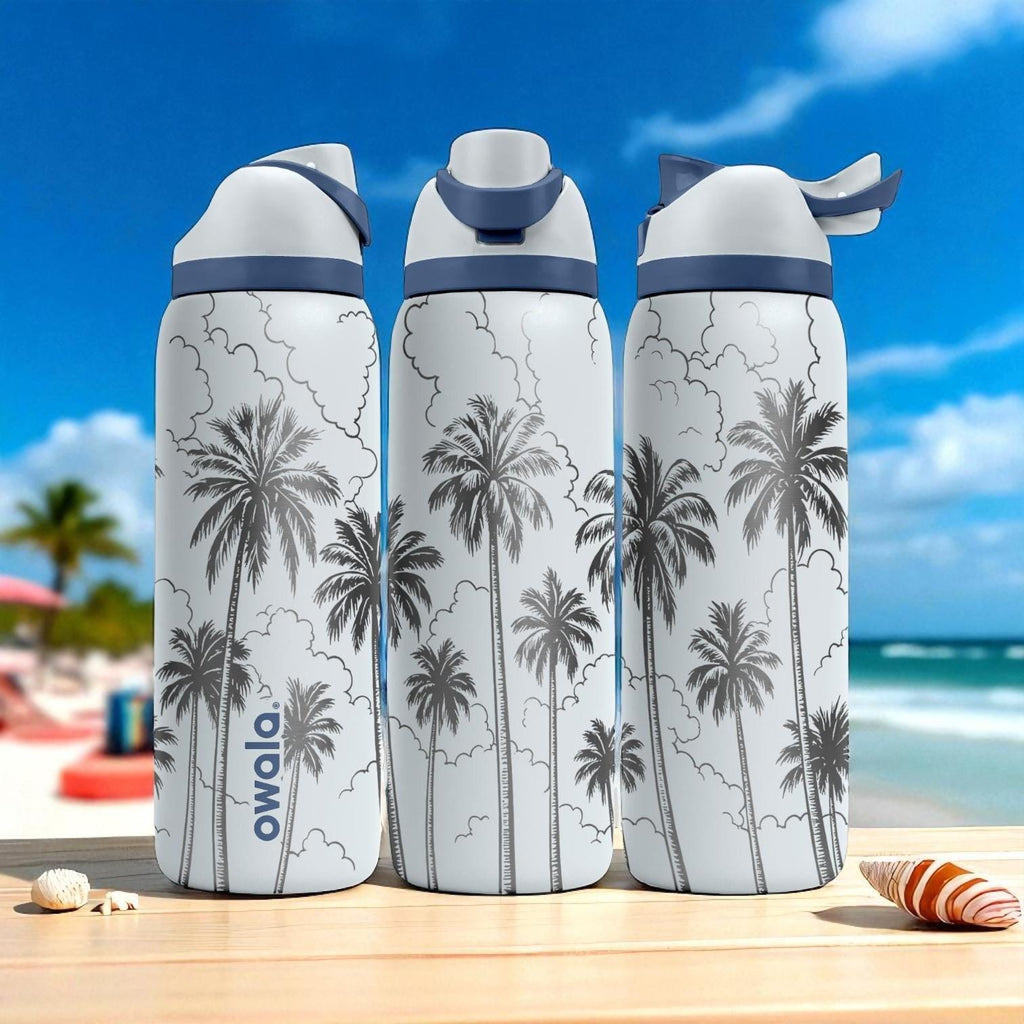 Engraved Palm Tree Tumbler – Owala Water Bottle with Tropical Clouds Design – 16oz 24oz 32oz 40oz