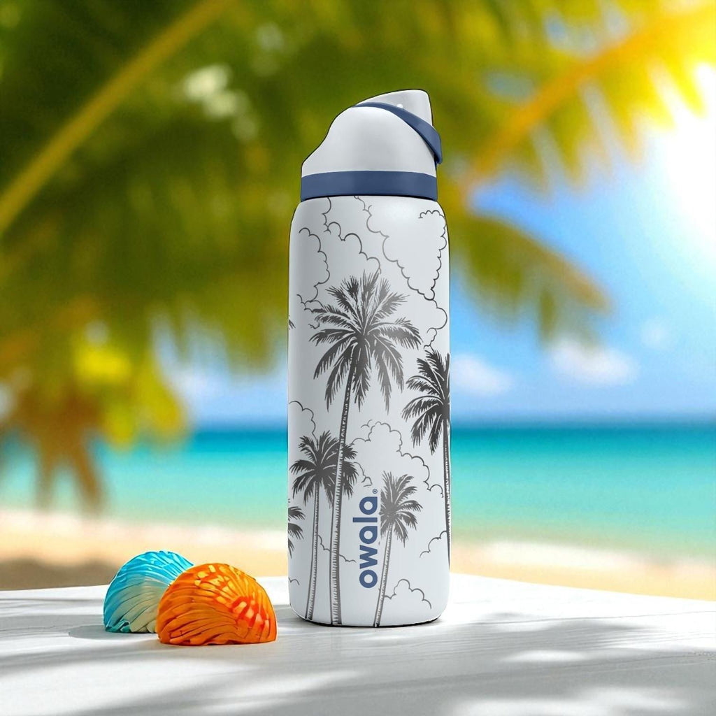 Engraved Palm Tree Tumbler – Owala Water Bottle with Tropical Clouds Design – 16oz 24oz 32oz 40oz
