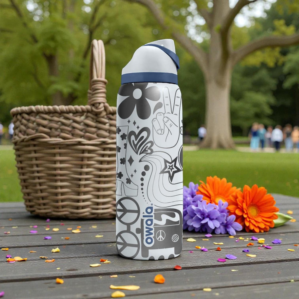 Groovy Peace Sign Engraved Owala Bottle – Retro Flowers & Hippie Vibes – Boho Engraved Stainless Cup 16oz 24oz 32oz 40oz  ⸻