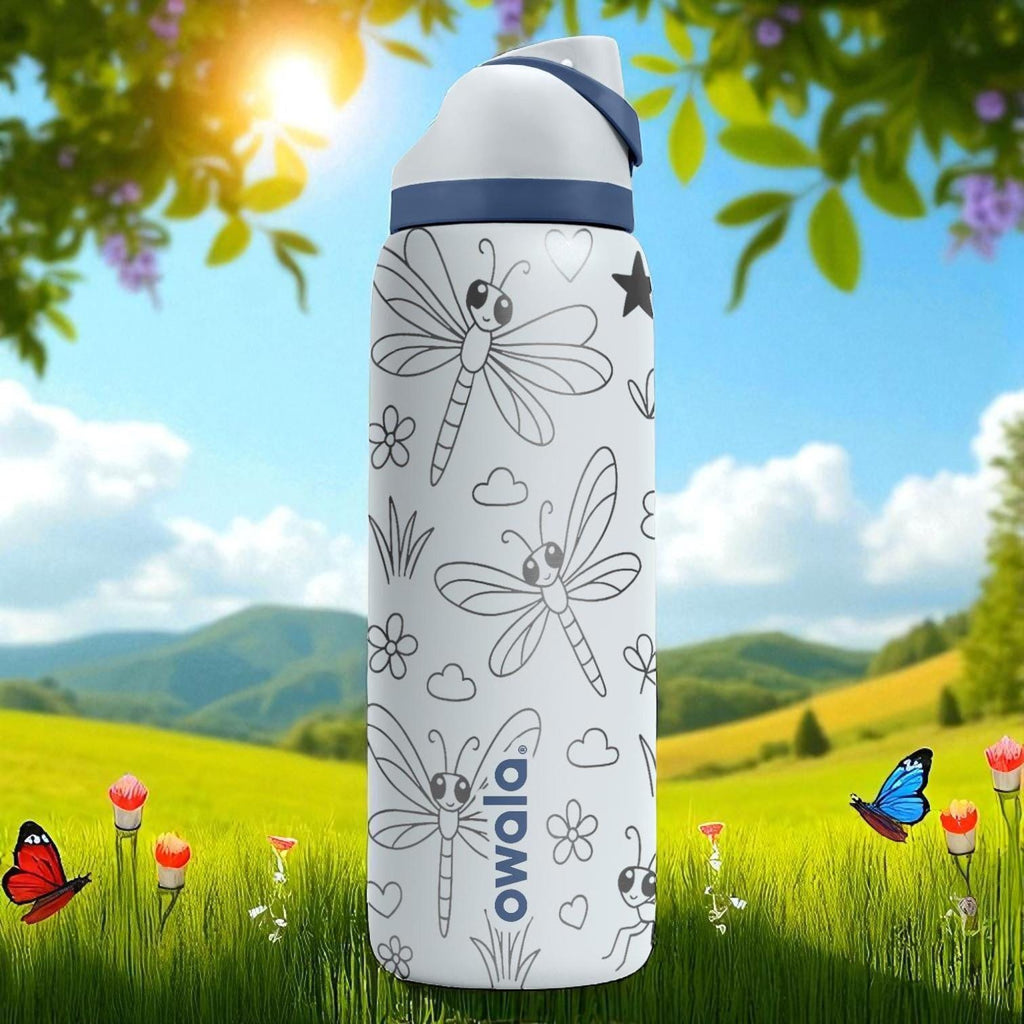 Engraved Dragonfly Water Bottle – Cute Owala Tumbler with Flowers and Stars – 16oz 24oz 32oz 40oz Gift for Nature and Bug Lovers