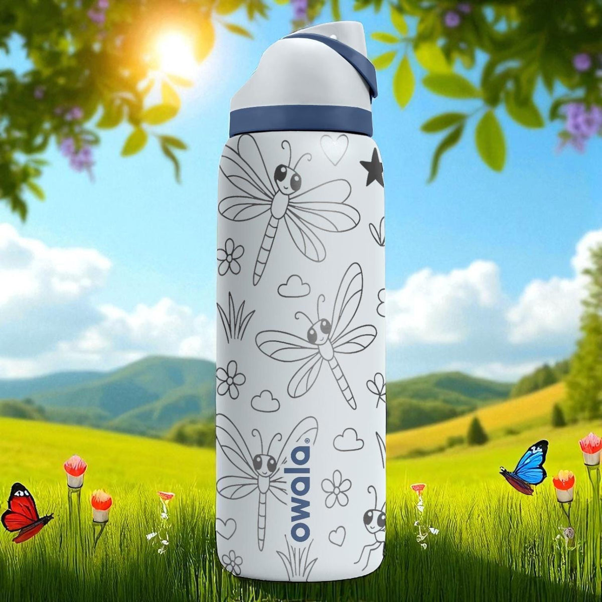Engraved Dragonfly Water Bottle – Cute Owala Tumbler with Flowers and Stars – 16oz 24oz 32oz 40oz Gift for Nature and Bug Lovers