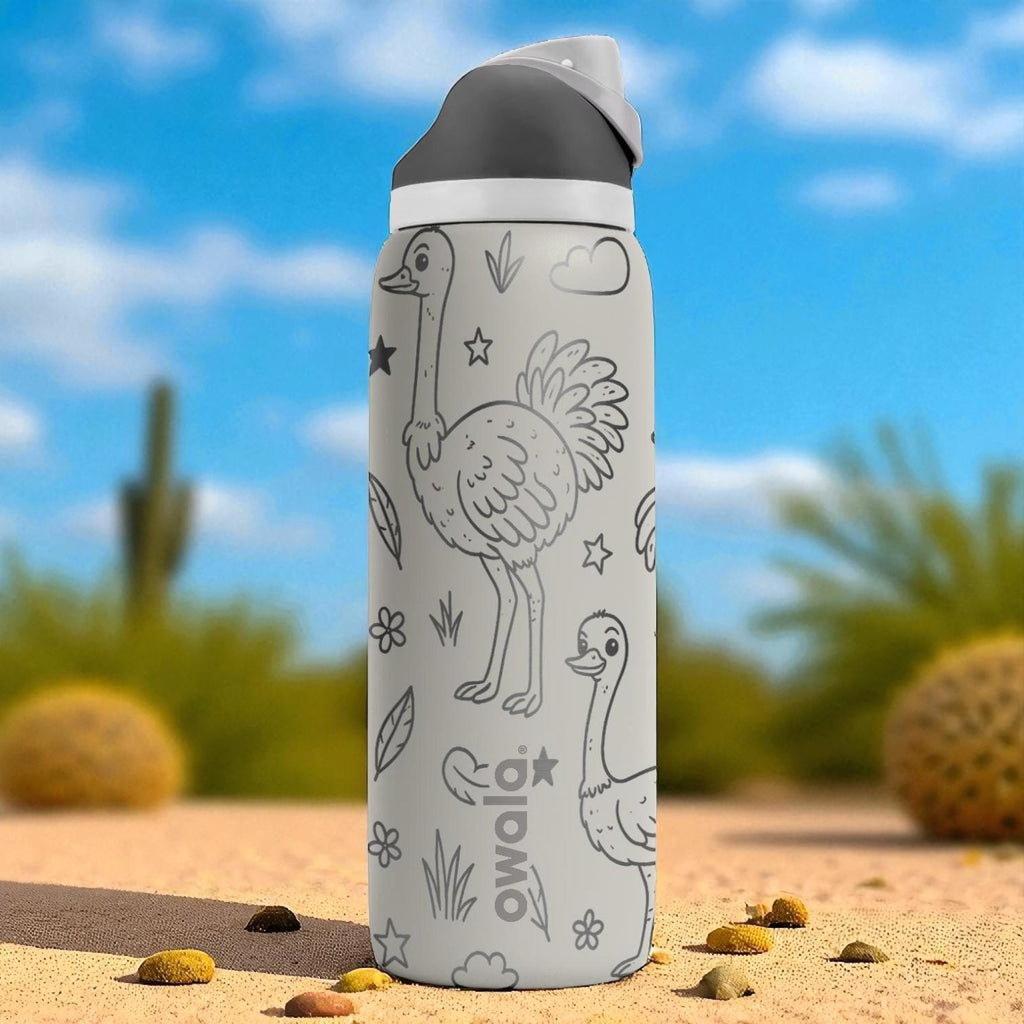 Engraved Ostrich Water Bottle – Fun Owala Tumbler with Stars and Feathers – 16oz 24oz 32oz 40oz Gift for Animal Lovers