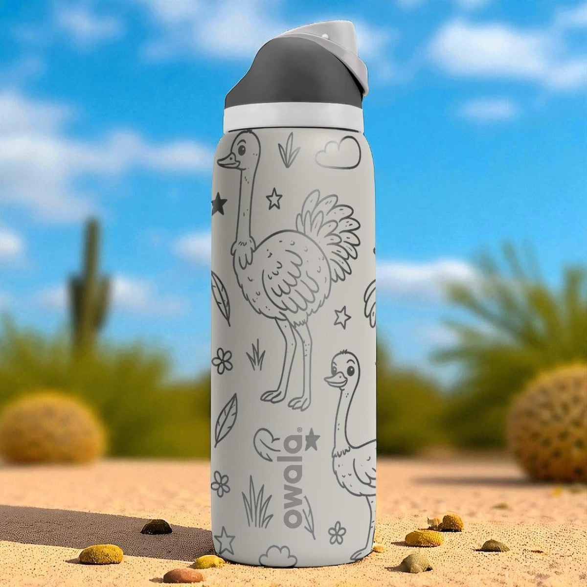 Engraved Ostrich Water Bottle – Fun Owala Tumbler with Stars and Feathers – 16oz 24oz 32oz 40oz Gift for Animal Lovers
